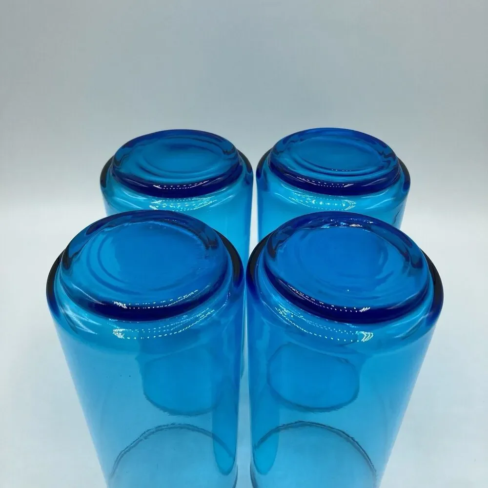 4 Set Vintage Hand Blown Aqua Blue Tumblers Coolers Highball Glasses 16oz 5 7/8